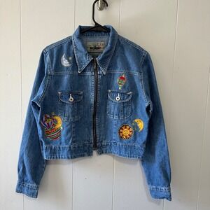 vintage Y2k Express Cropped Demin Jacket Embroided Sun, Moon Size M